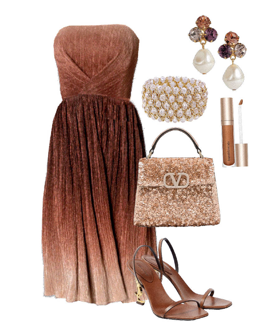 strapless pleated chic evening dress and sandals