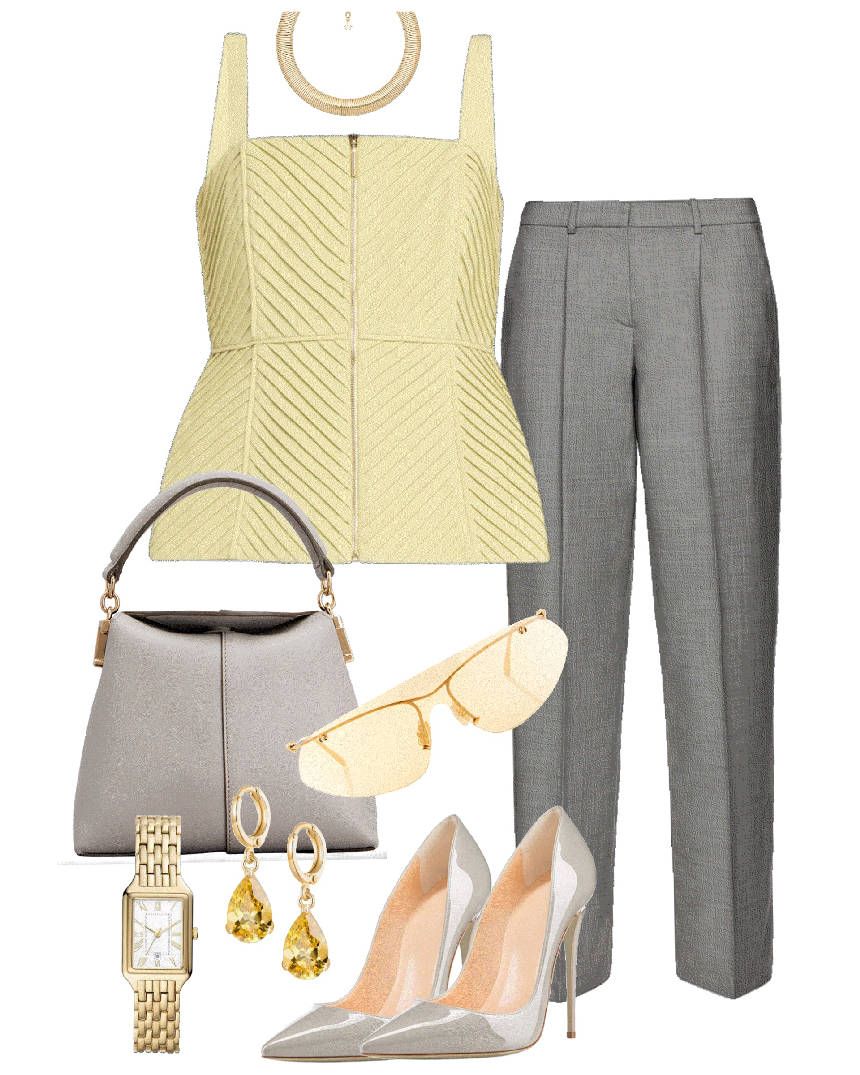 butter yellow top and gray pants
