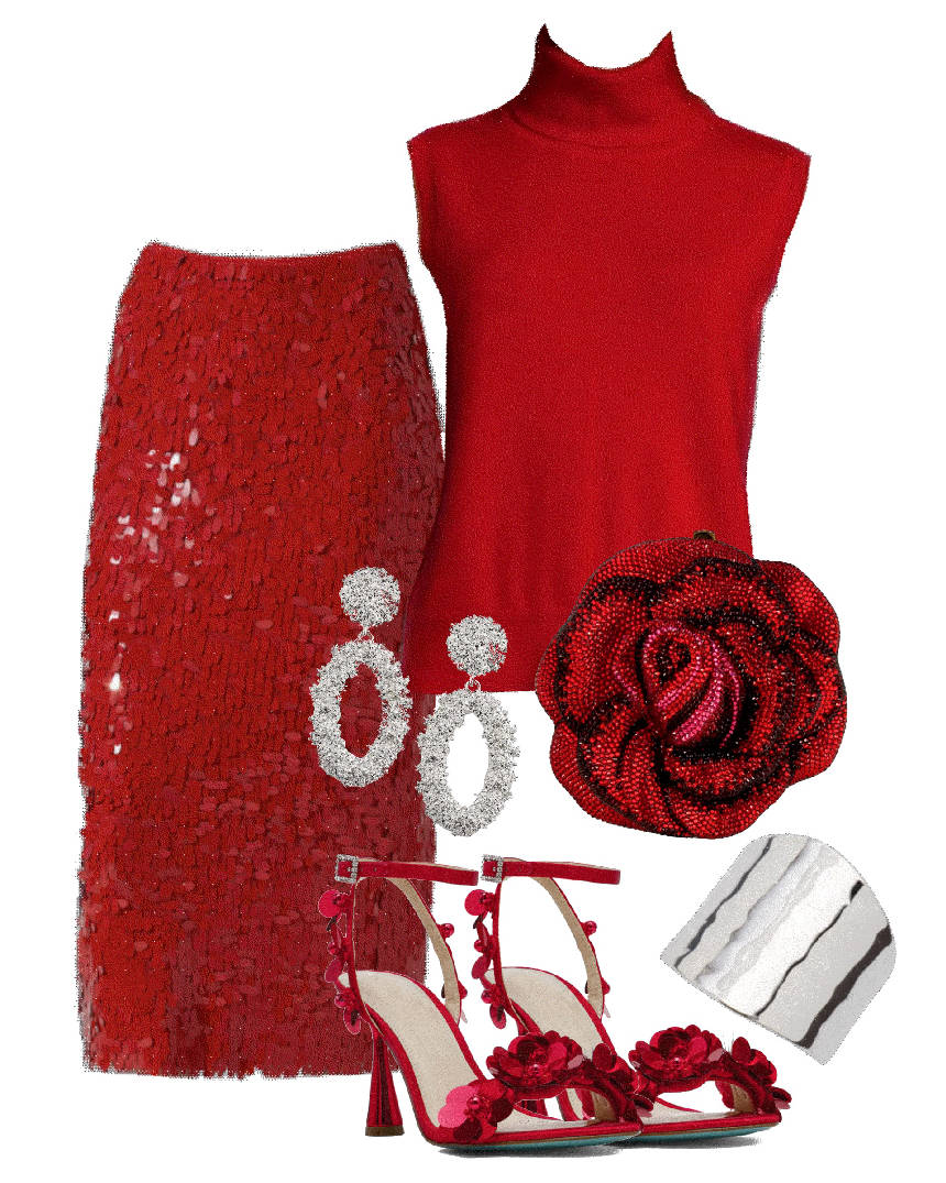 red sparkling skirt and red top