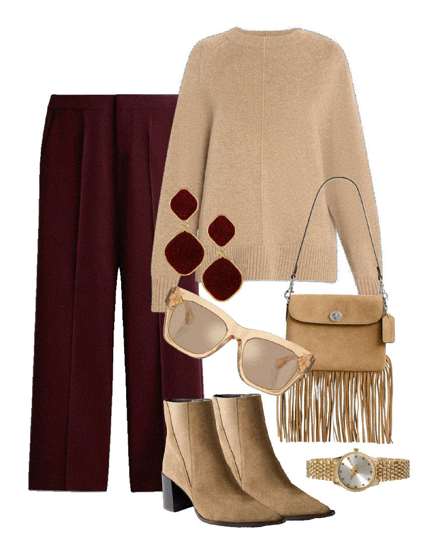burgundy pants and camel sweater