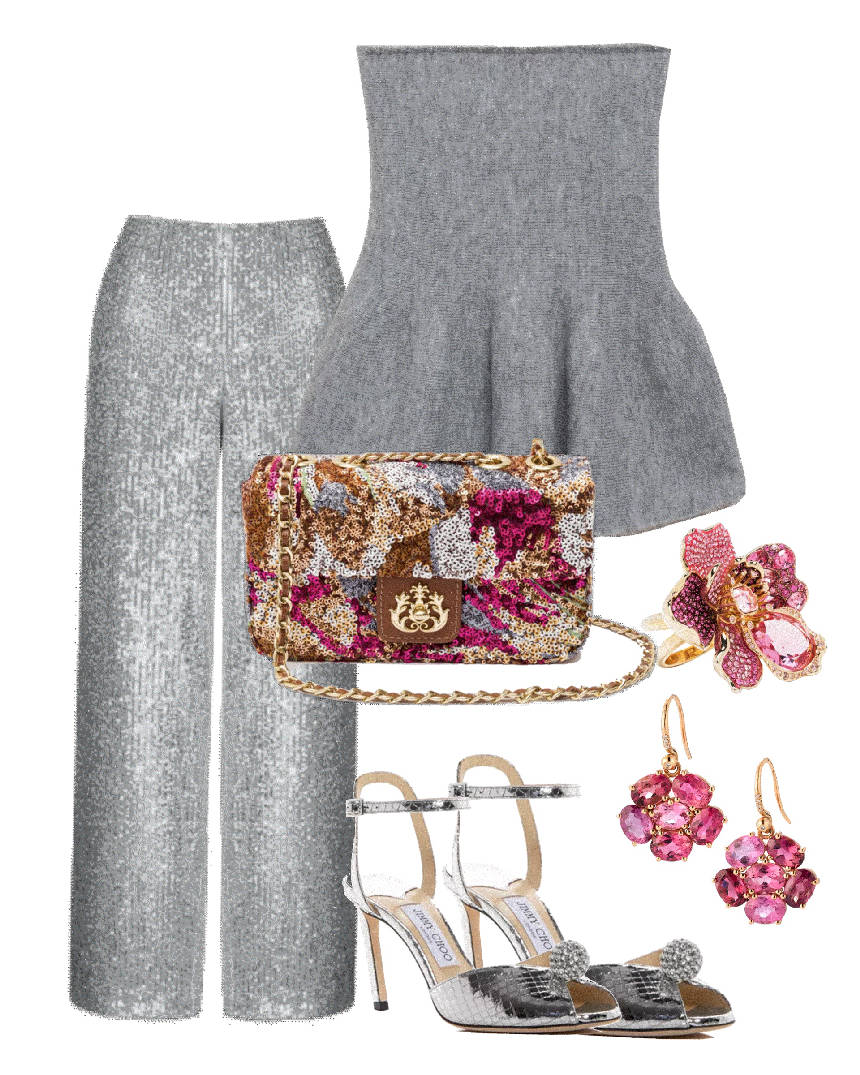 silver and gray pants and strapless top for the evening