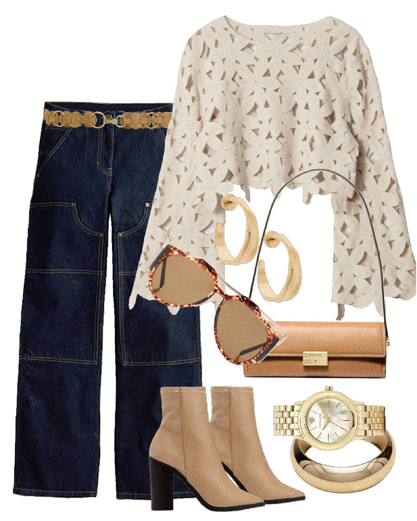indigo denim cargo pants and sweater