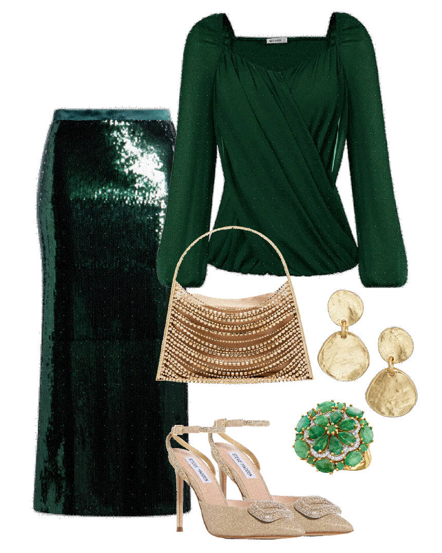green sequin skirt and blouse with gold accessories