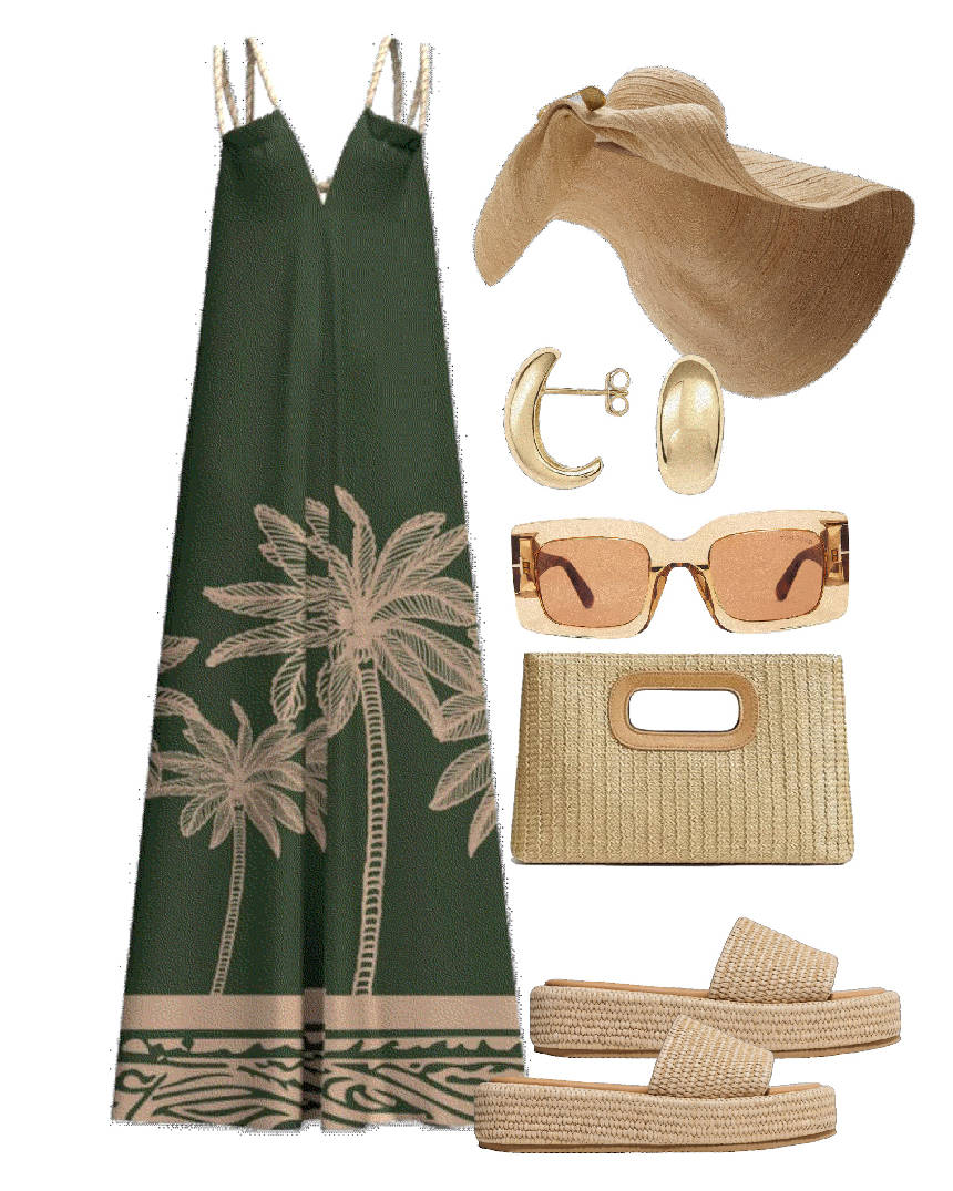 green maxi dress styled with clutch raffia bag