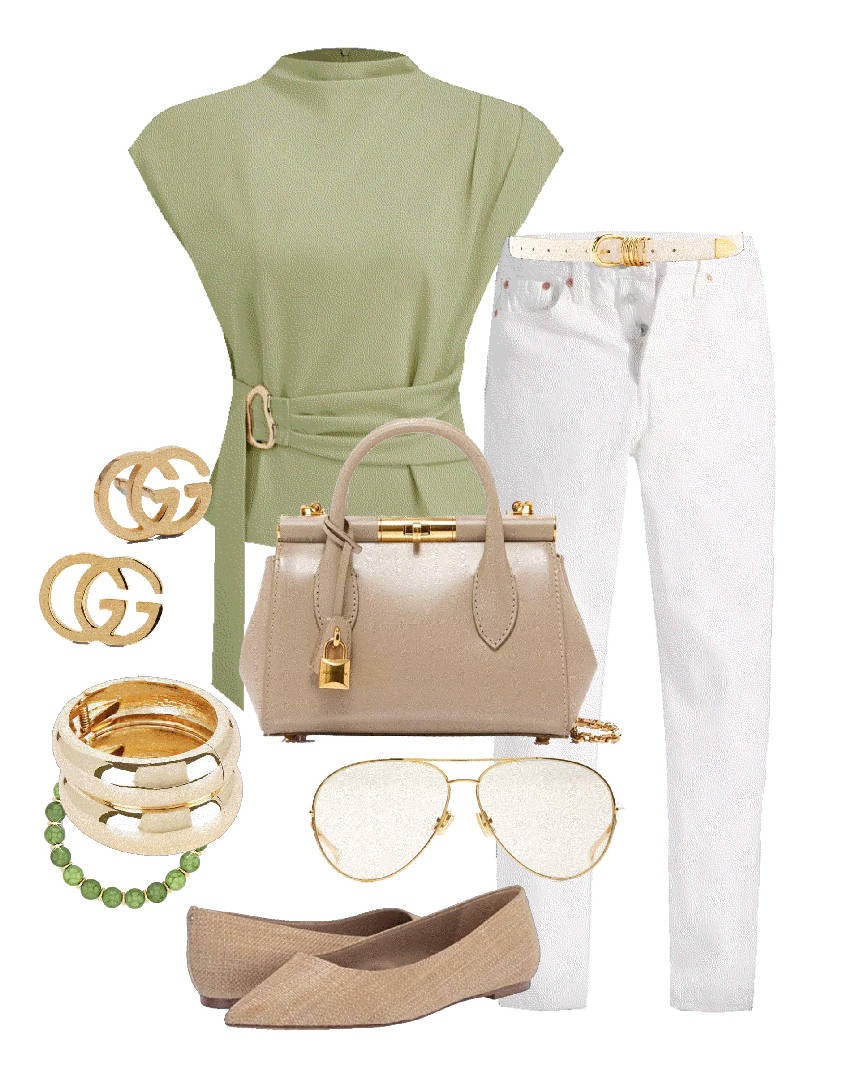 light green belted top and jeans