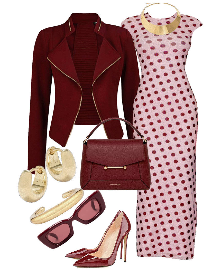 pink polka dot maxi dress style with burgundy accessories