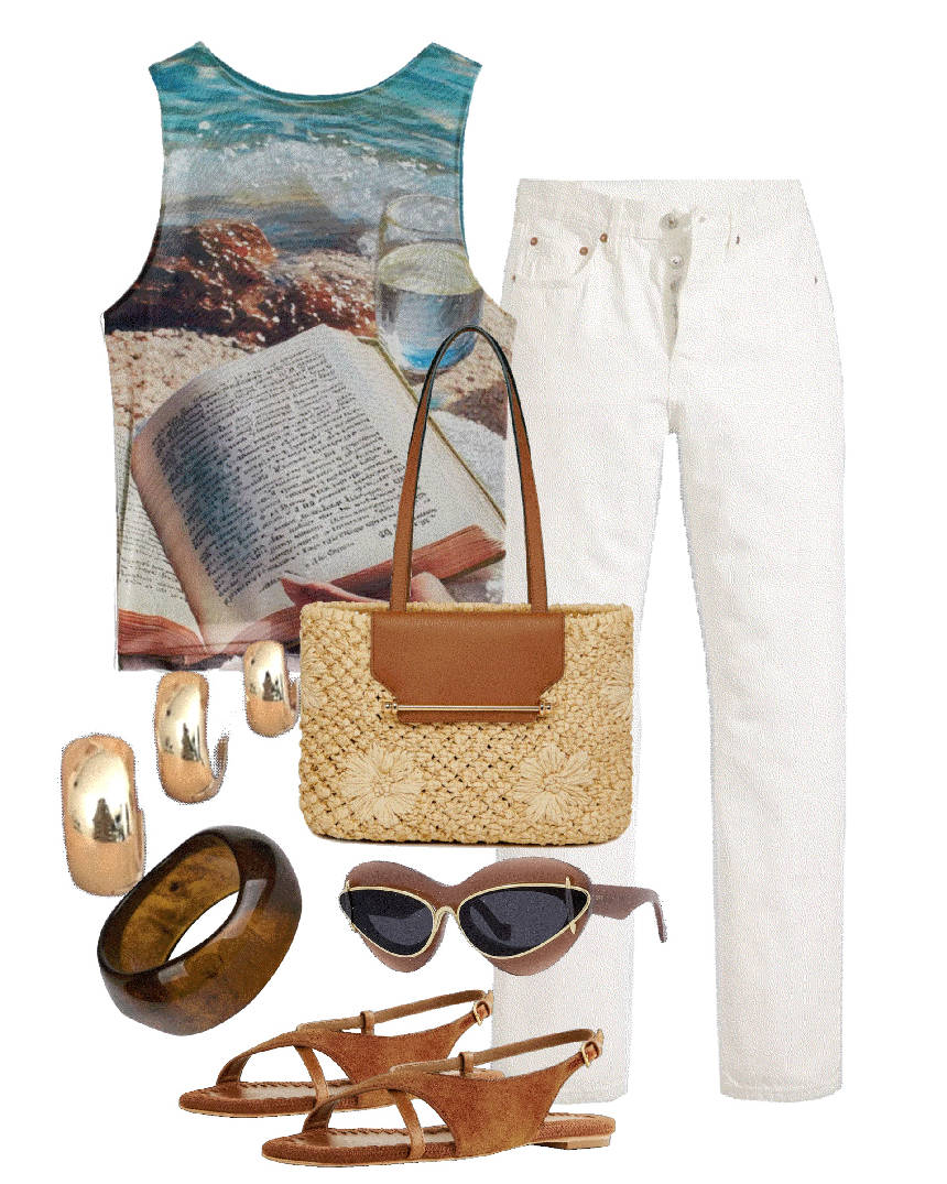 brown suede sandal styled with white jeans