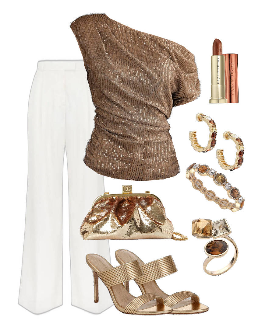 moca mousse sequin top on white pants