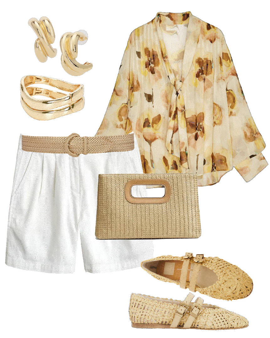 Floral blouse shorts and raffia clutch