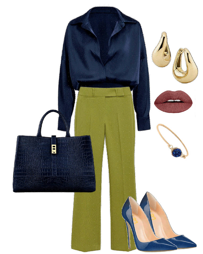 green pants and navy blue blouse