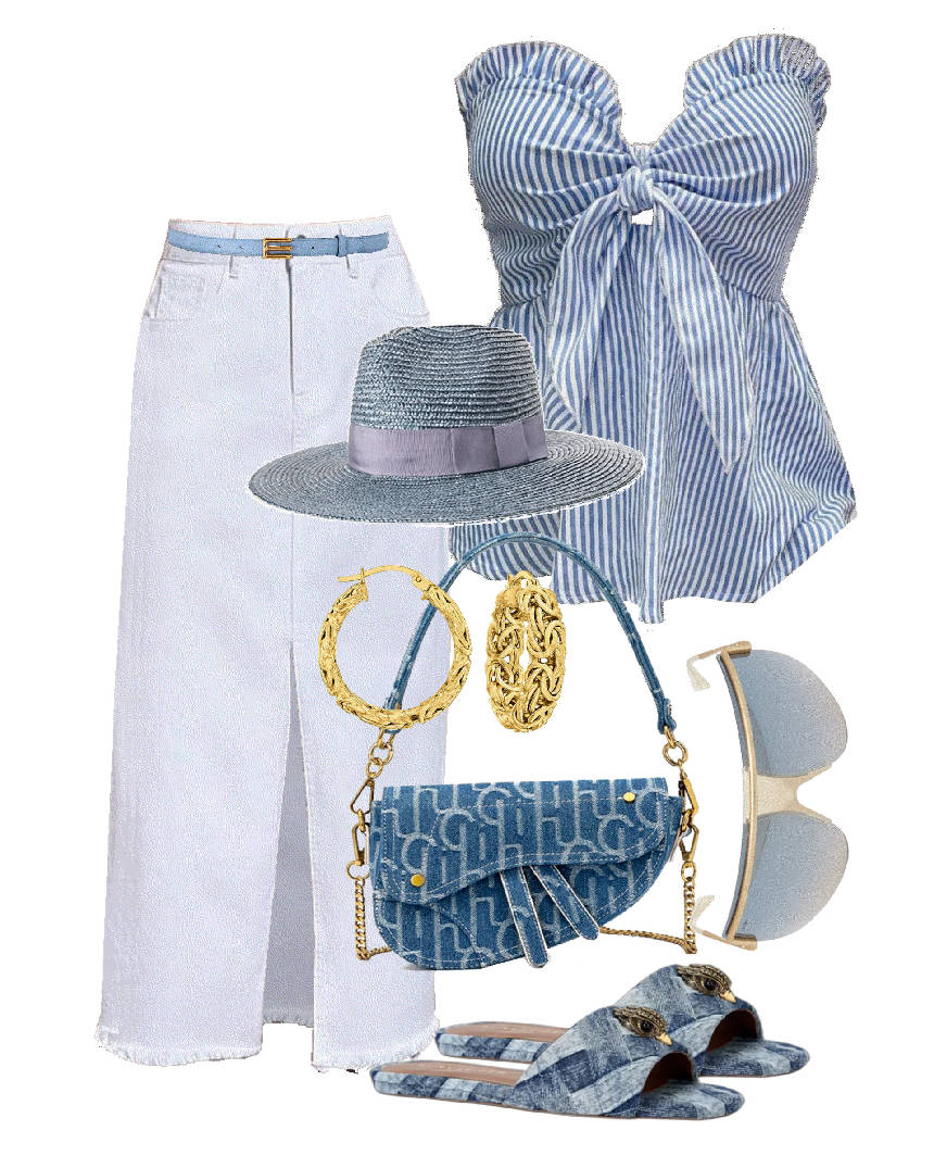 white denim skirt with strapless top and sandals