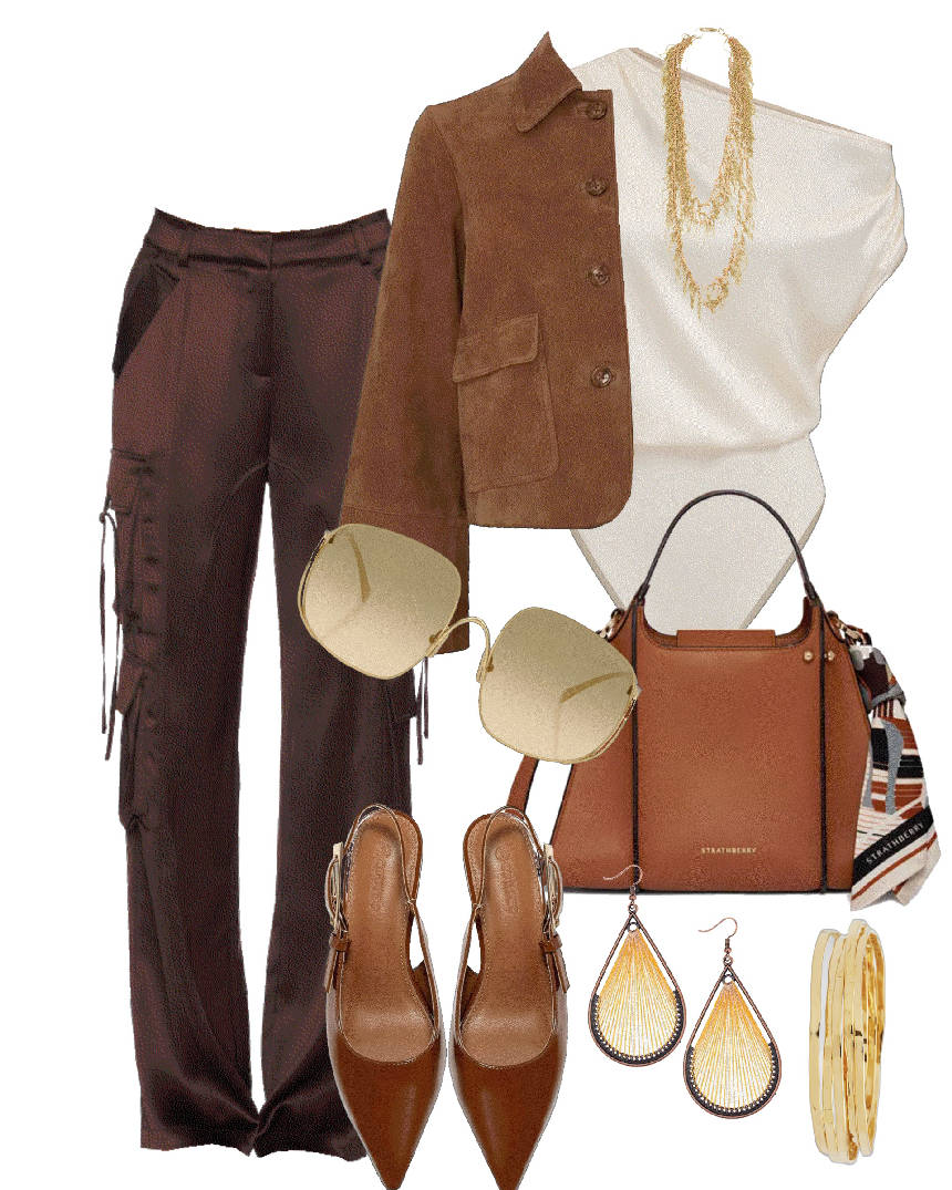 suede jacket and cargo satin pants