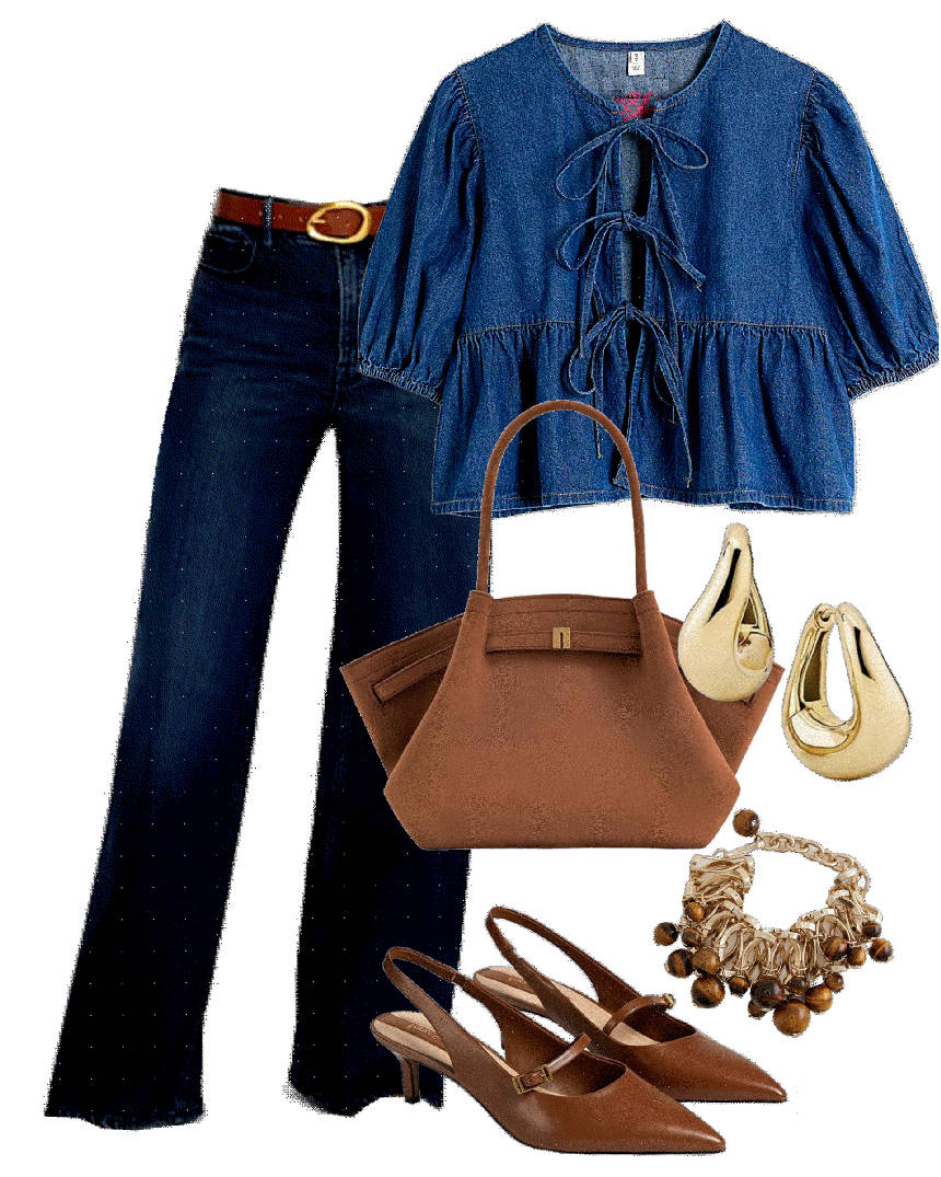 brown kittem heel pumps style with jeans