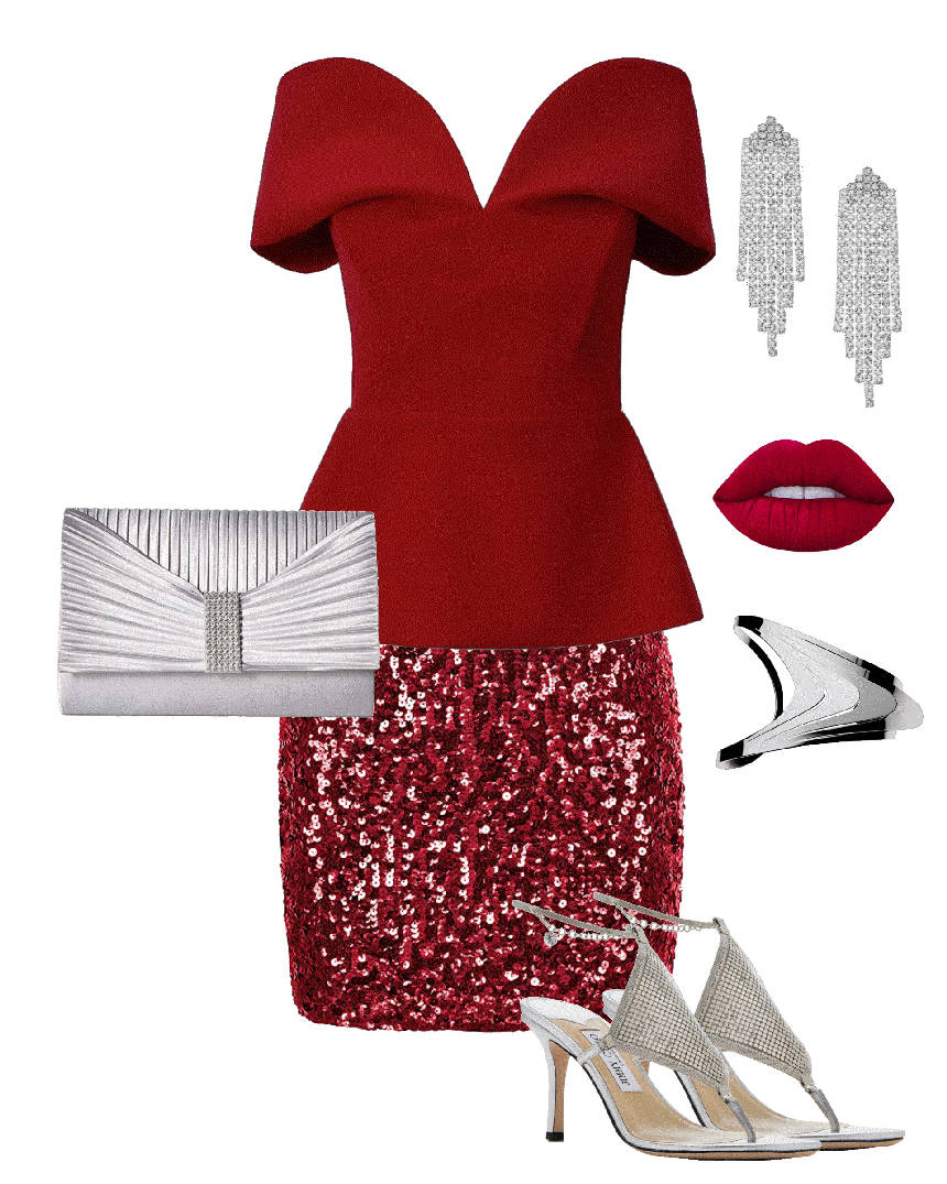 red off the shoulder top and red sequin skirt