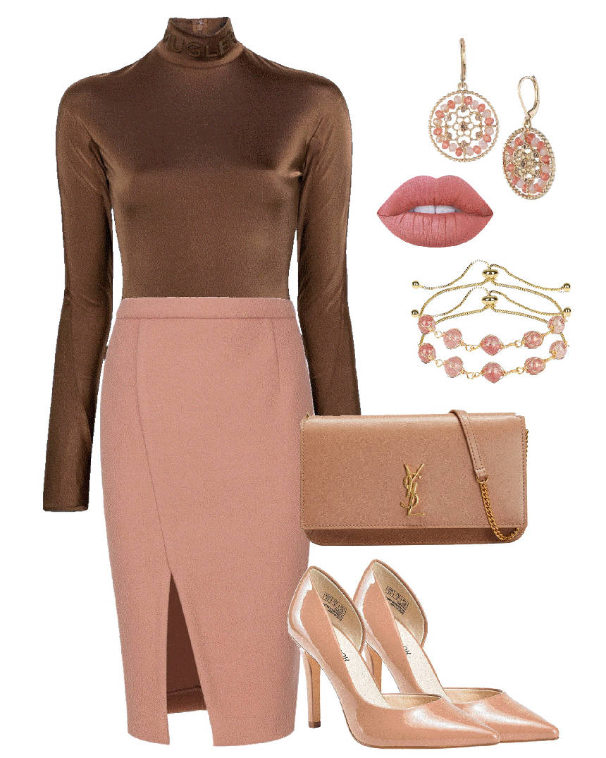 mocha mouse bodysuit and pink skirt