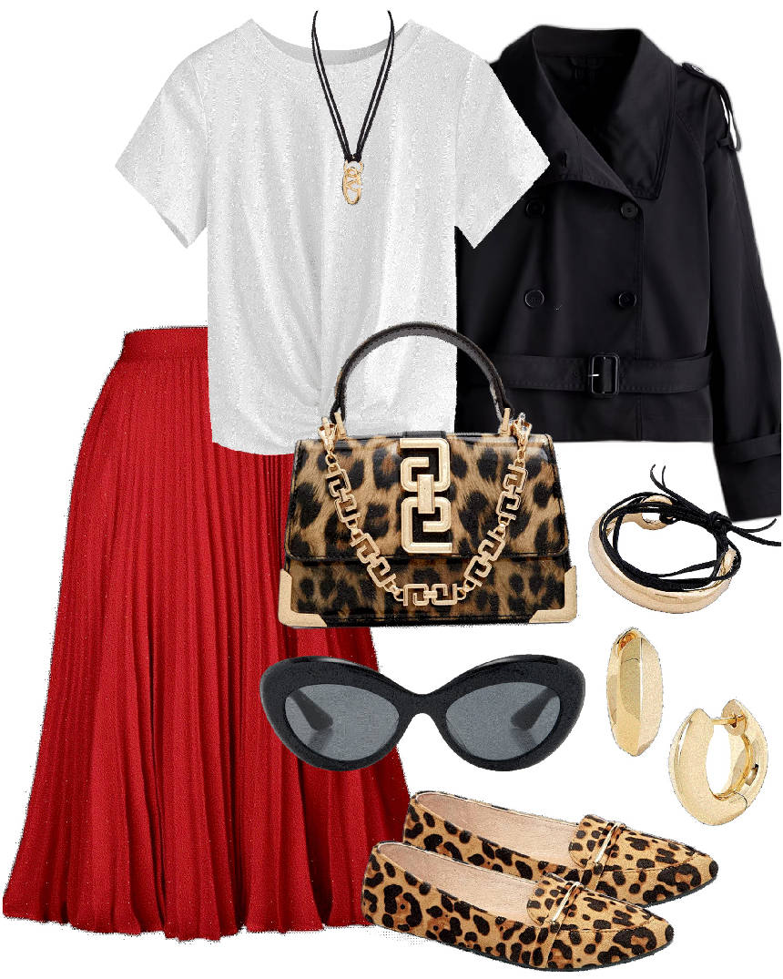 red pleated skirt and animal print accessories