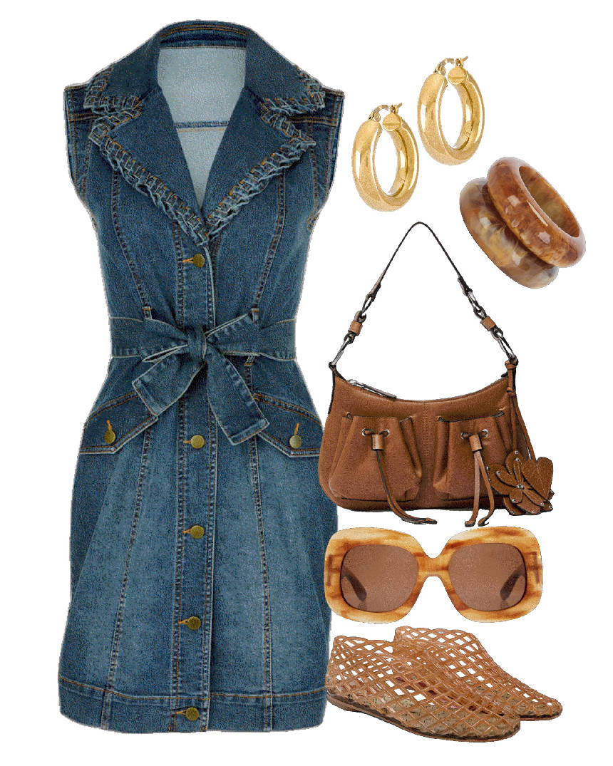 camel jelly sandals and denim mini dress