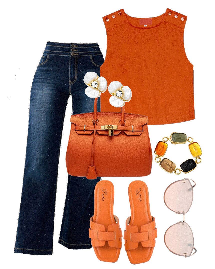 orange slide sandals with jeans and orange top
