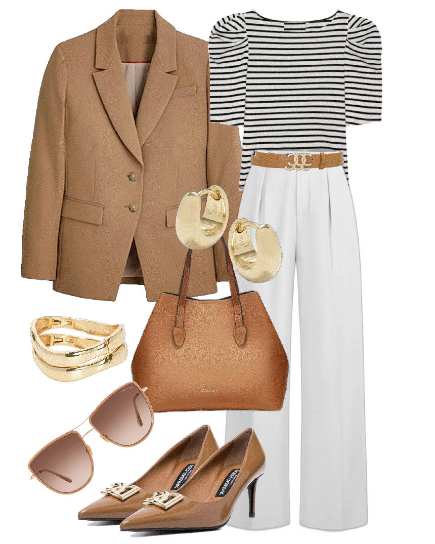 brown jacket and accessories with stripes