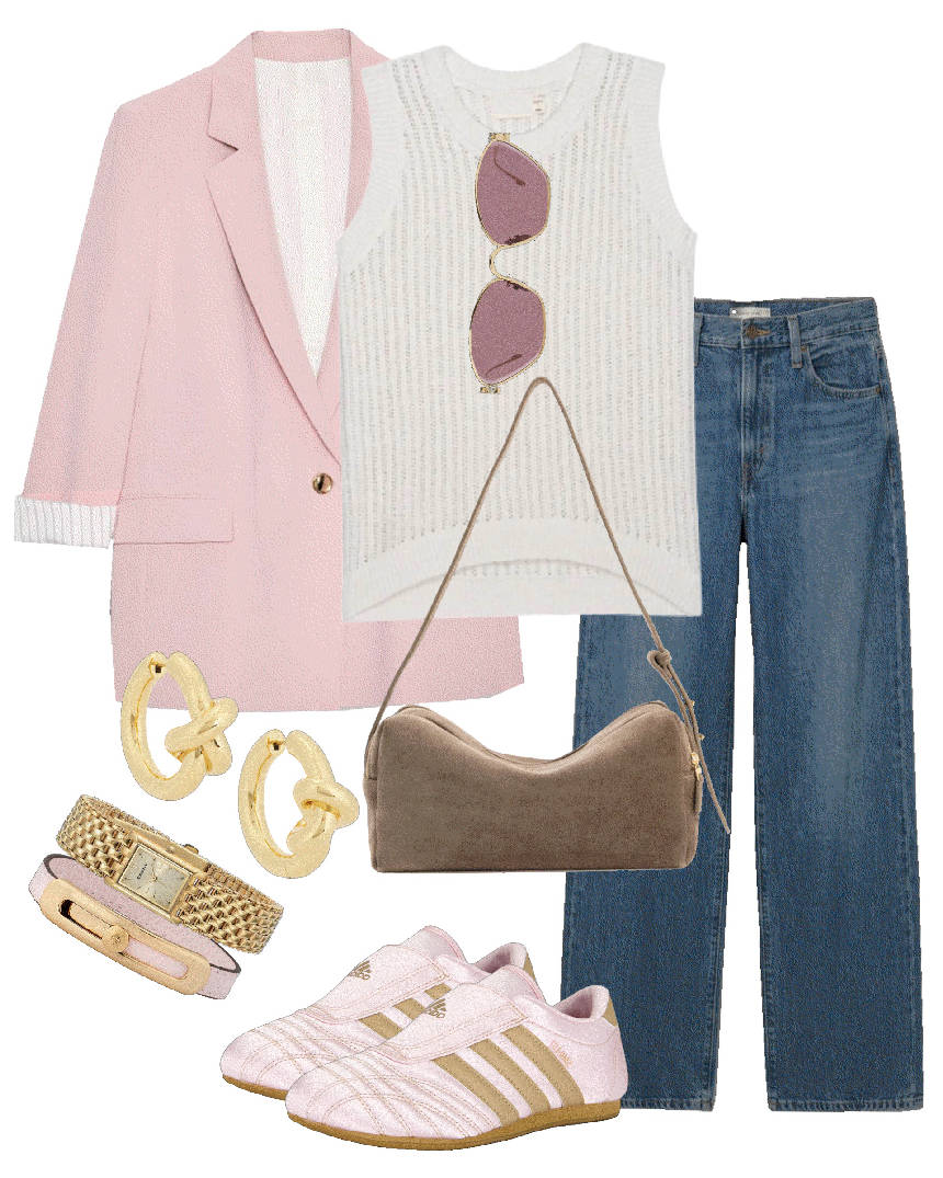 soft pink blazer and jeans