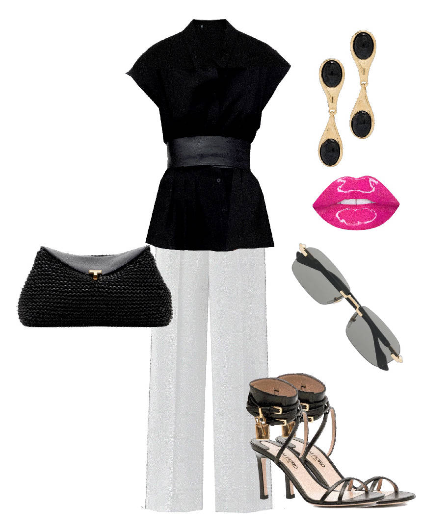 black top and white pants with black sandals
