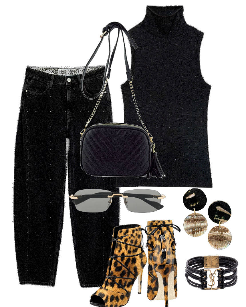 all black casual pants outfit with animal print booties