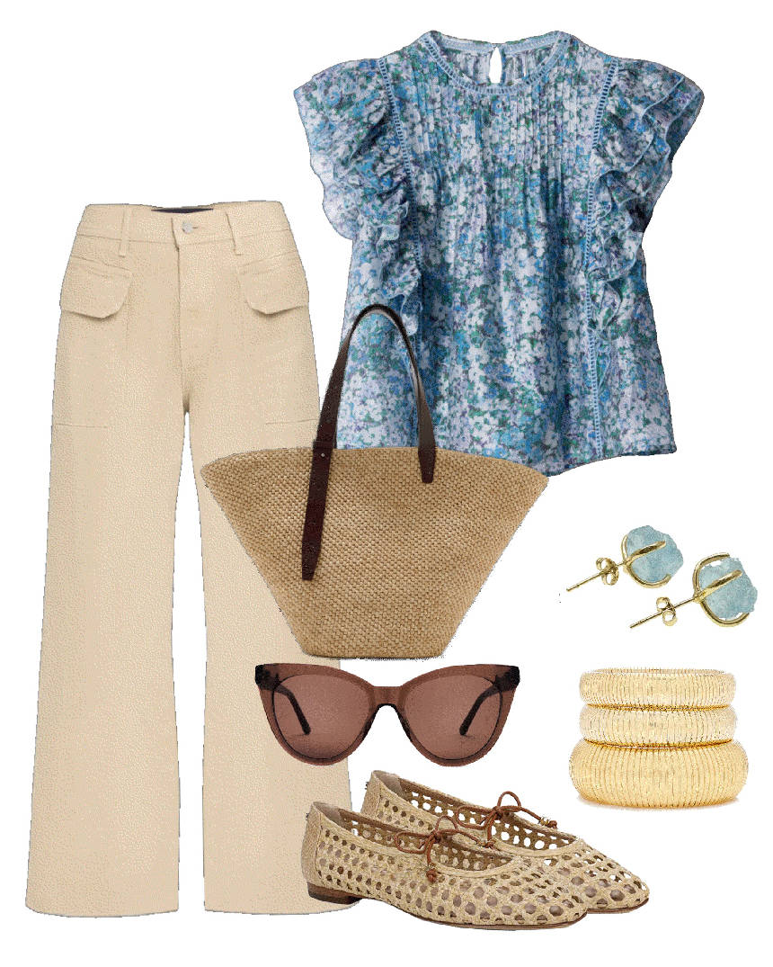floral top and beige pants casual with raffia tote