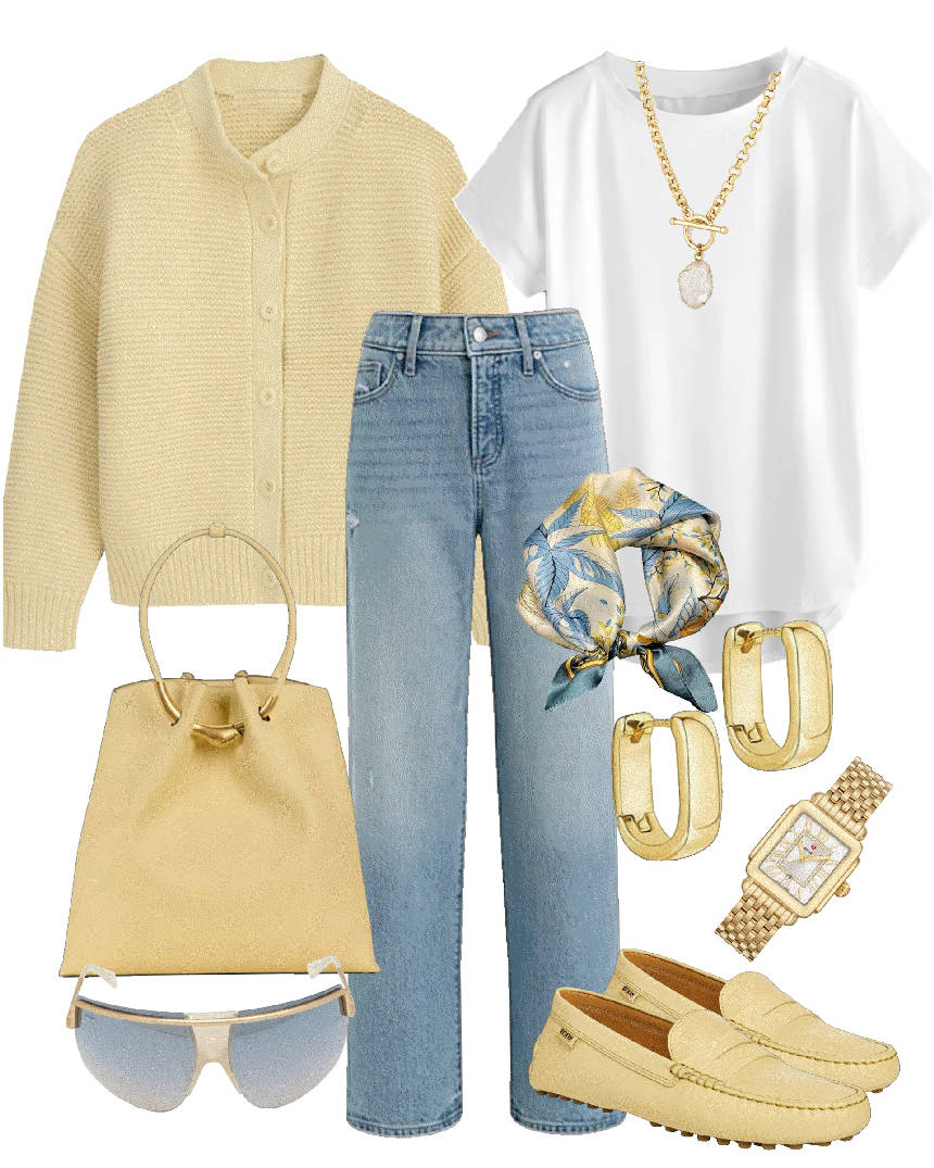 butter yellow cardigan and jeans