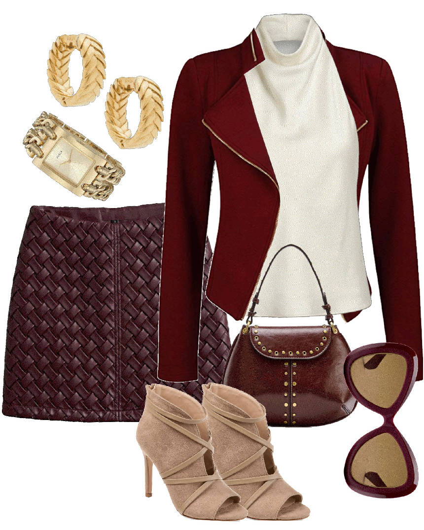 burgundy mini skirt and jacket