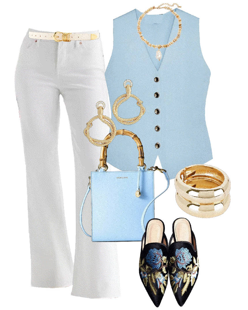 white jeans and blue vest
