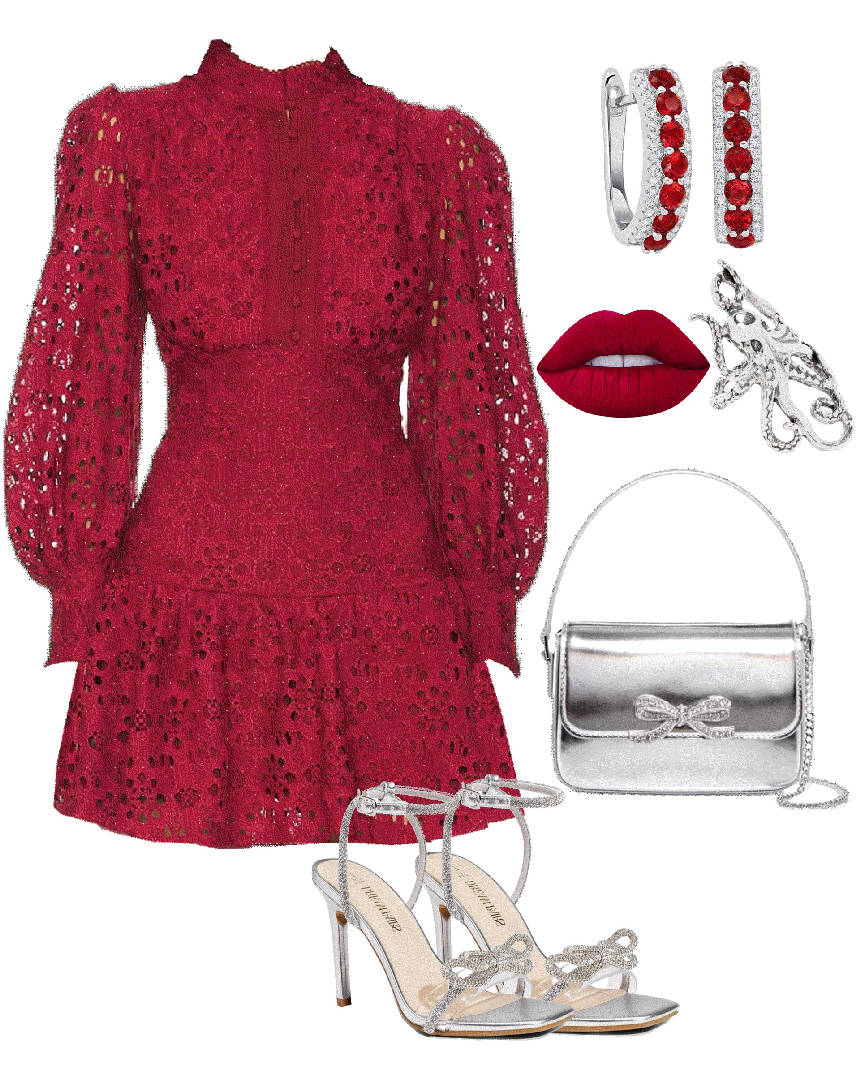 lace red mini dress with silver jewelry