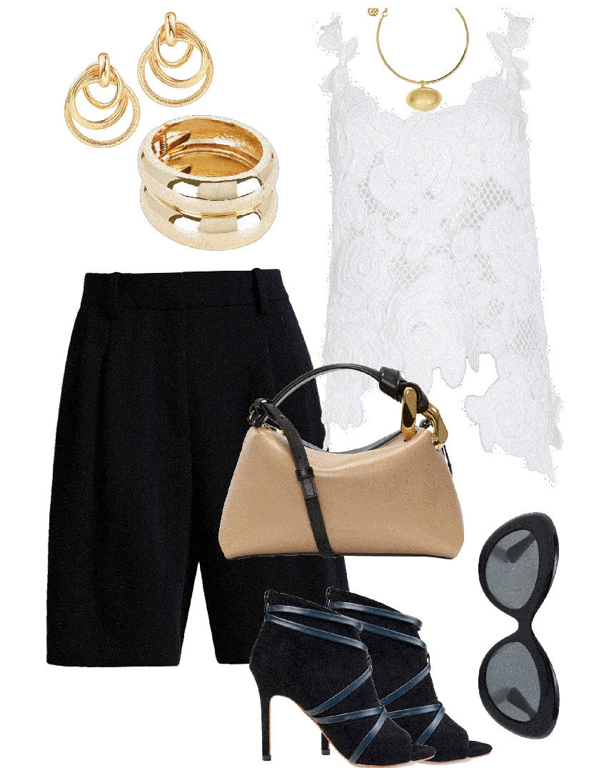 black bermuda shorts and white lace top