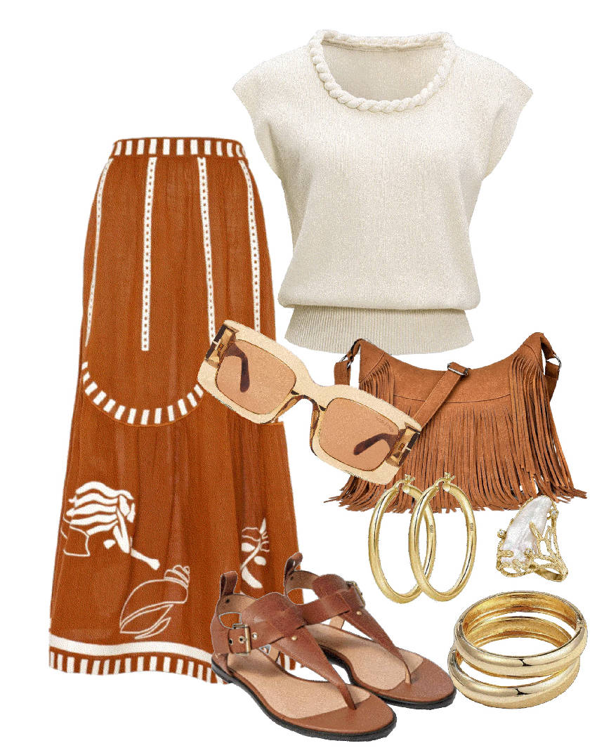 orange maxi skirt with flipflop sandals