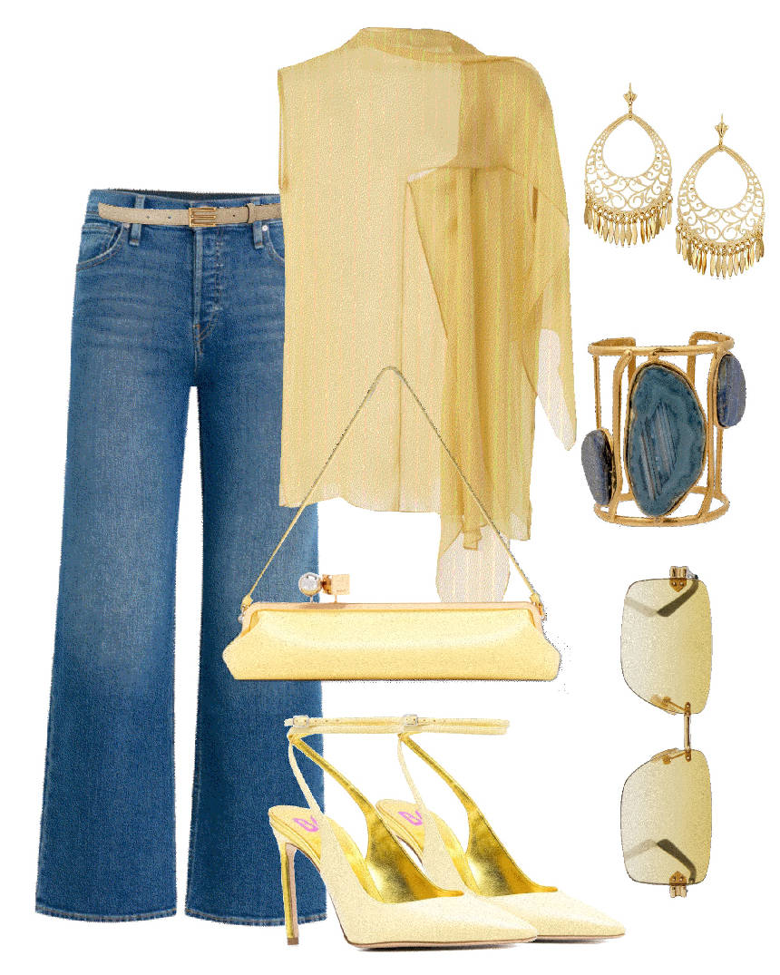 butter yellow blouse with jeans and accessories