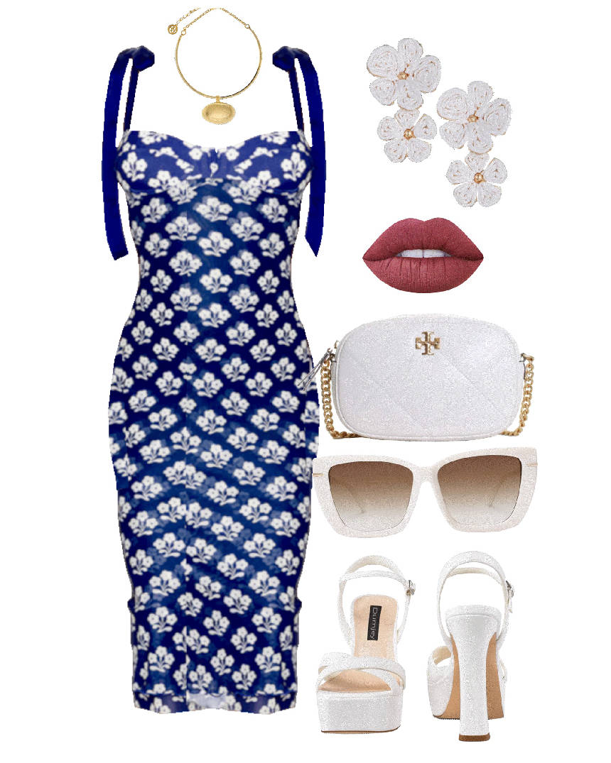 blue print dress with white platform