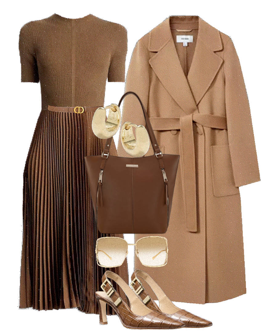 mocha dress styled with camel coat