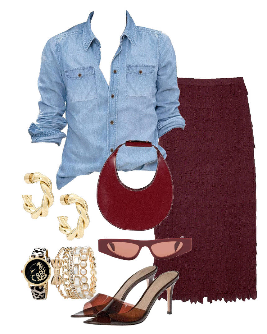 burgundu fringe skirt