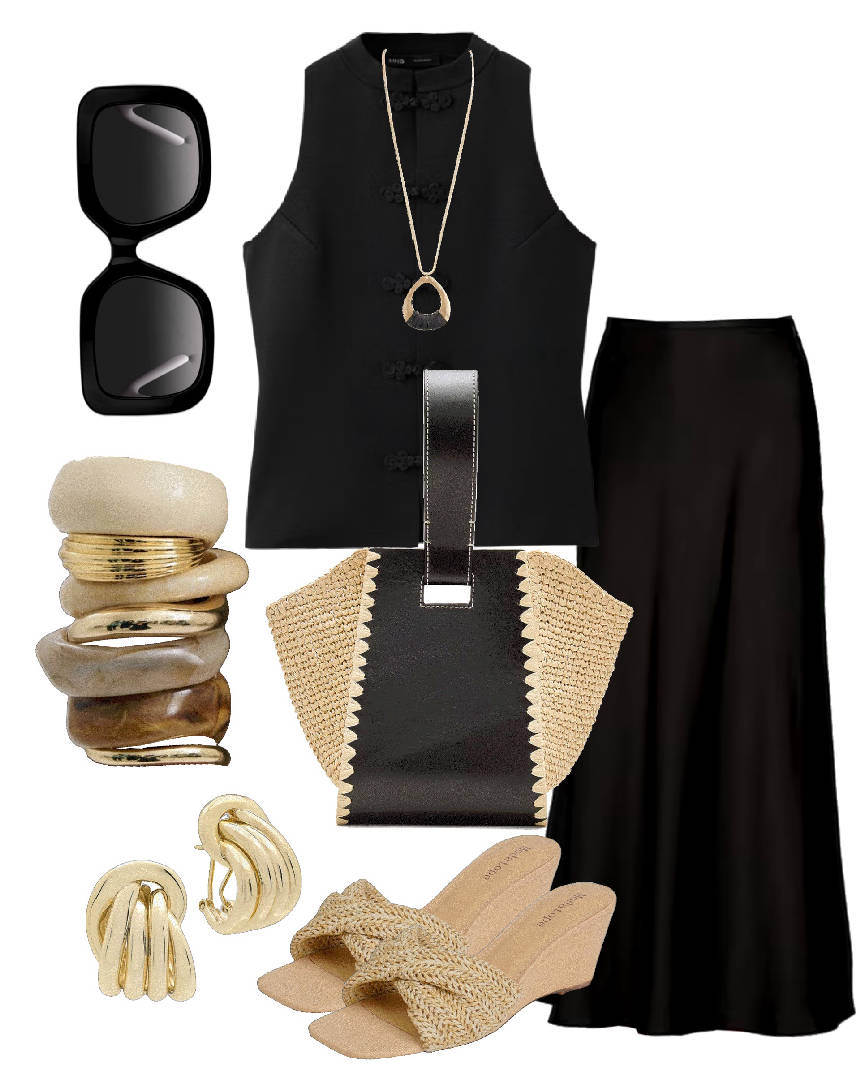 two color raffia bag and satin skirt