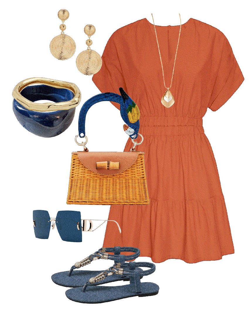 orange mini skirt and flipflop sandals