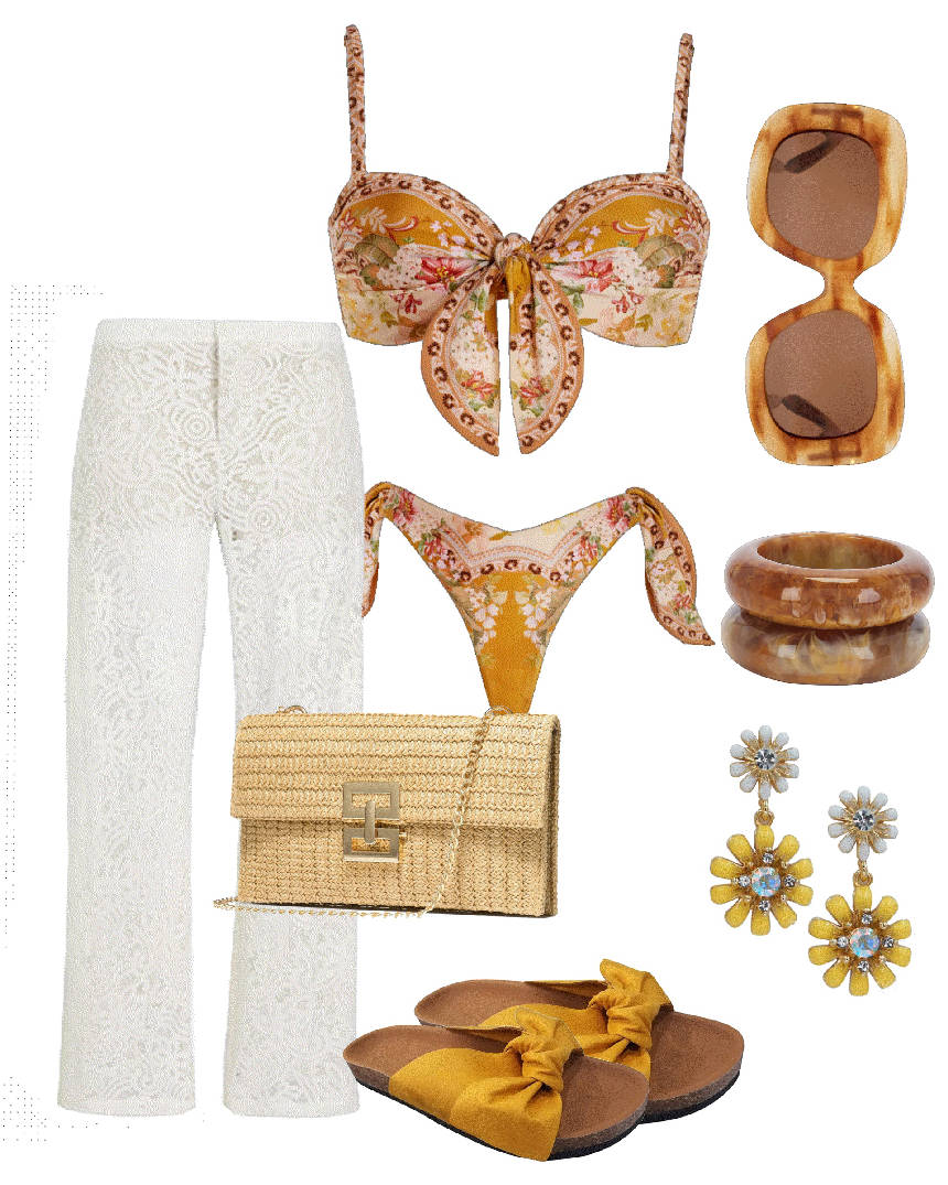 print bikini style and white lace pants