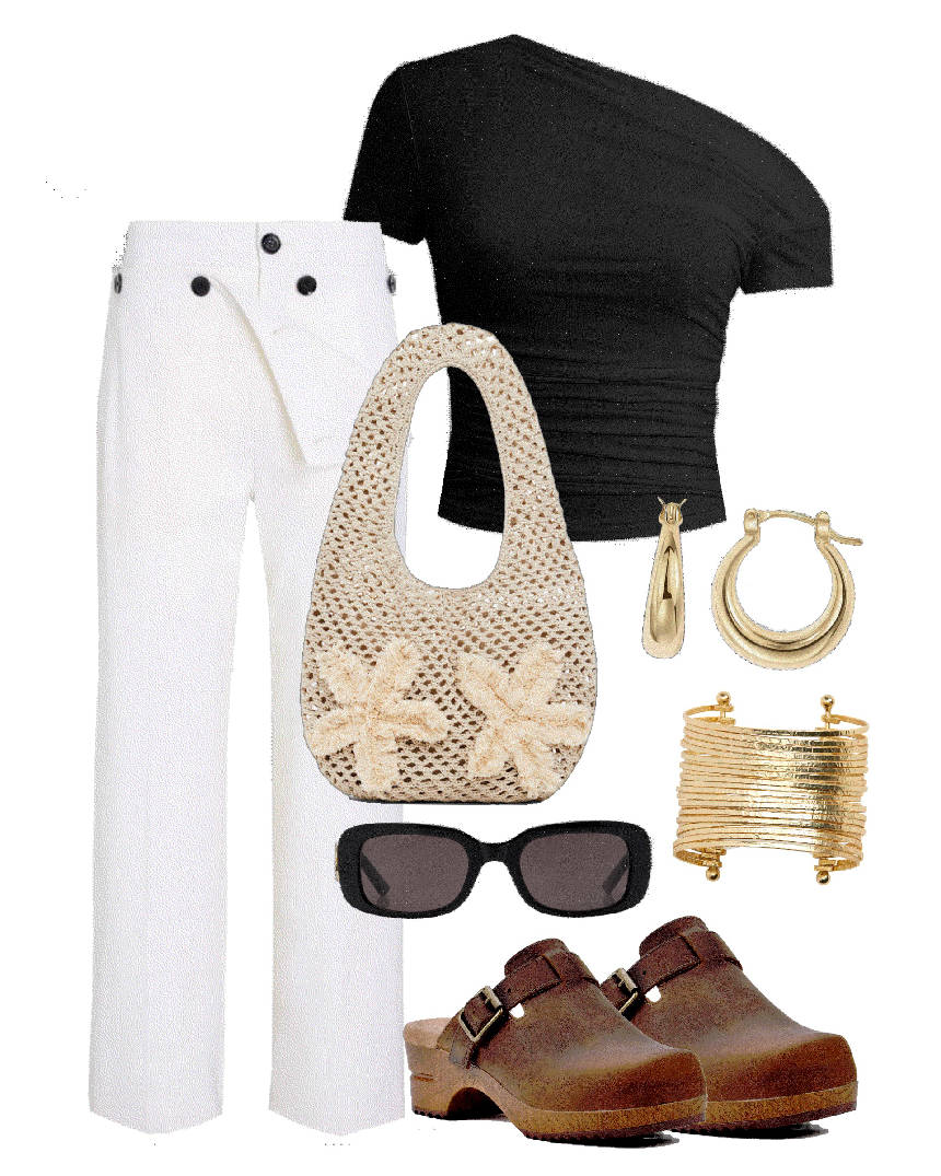clogs styled with white jeans and one shoulder top
