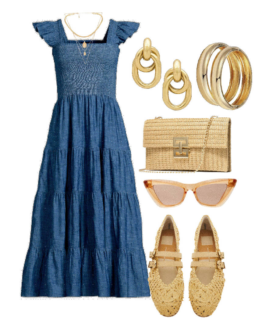 blue flowy dress with shoulder raffia bag