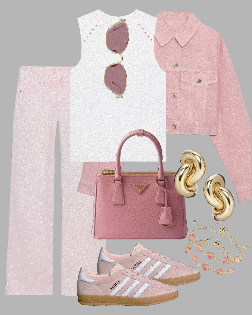 polka dot pink jeans and pink jacket