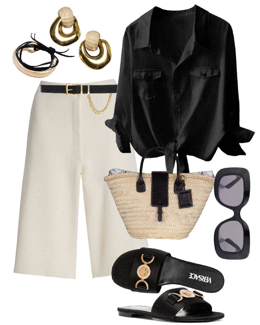 black shirt long shorts, sandals and raffia bag