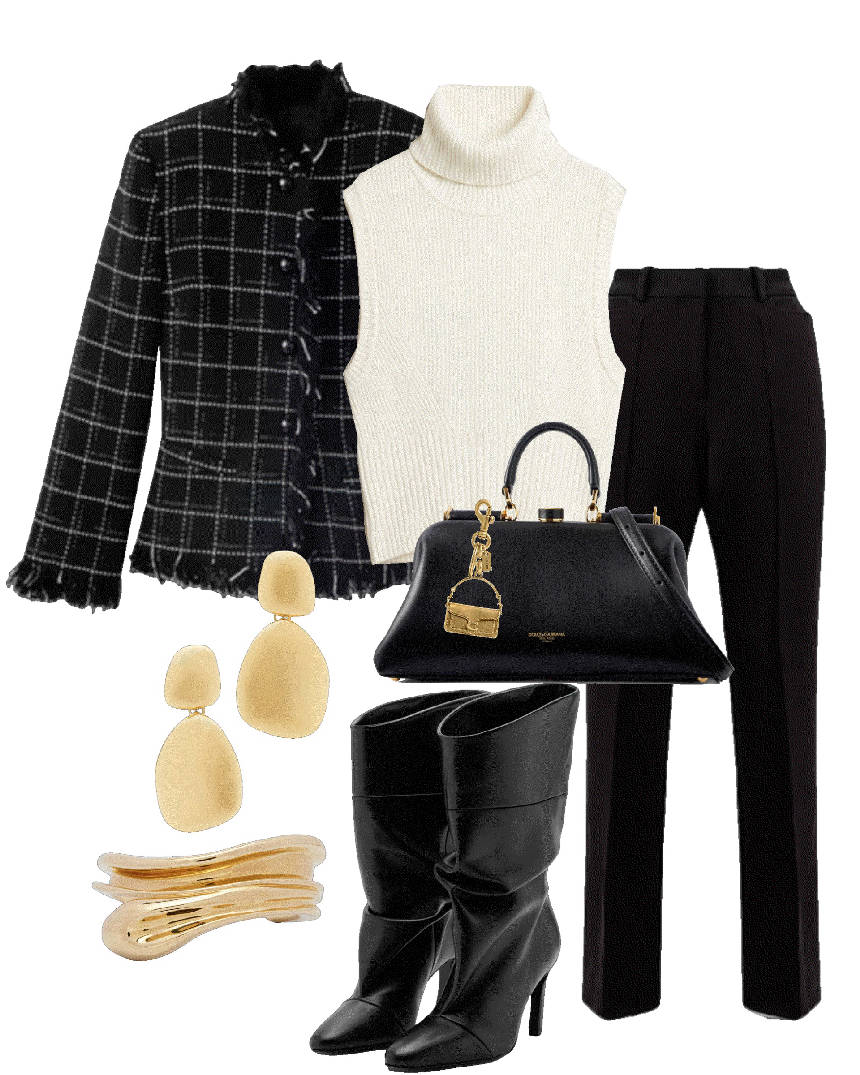 plaid jacket in black and white outfit