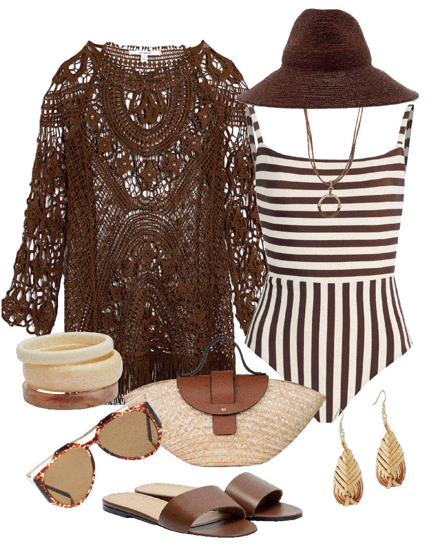 brown crochet cover upt with stripes swimsuit