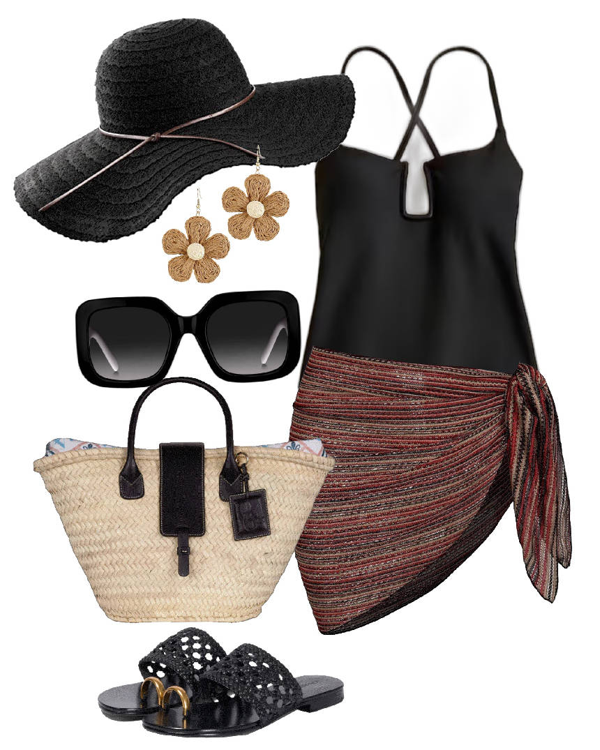 print sarong and black swimsuit