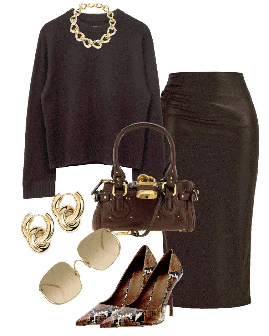 all brown sweaterand skirt outfit 