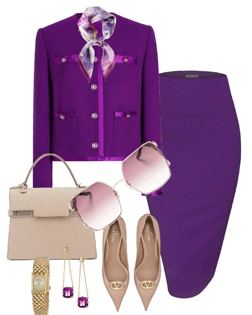purple pencil skirt power suit