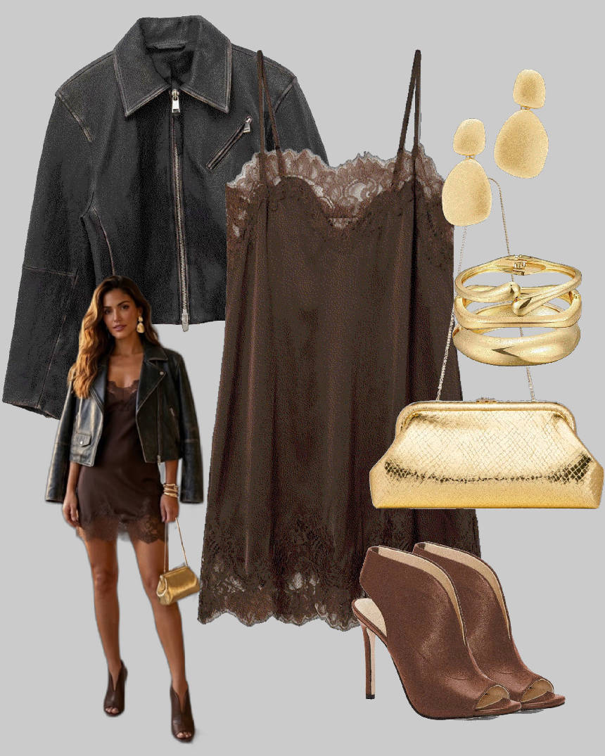 mini lace slip brown dress, black jacket